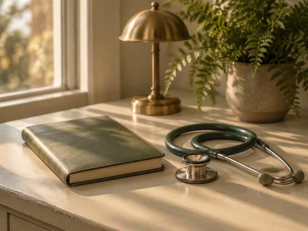 A desk with an open notebook, a calculator, reading glasses and a fountain pen in soft window light